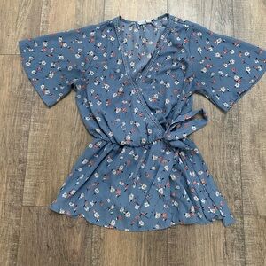 Floral Blue Wrap Top